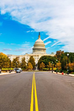 Boş şehir caddesi sonbahar ağaçları ve renkli yapraklarla çerçevelenmiş ABD Kongre Binası 'nda sona eriyor.