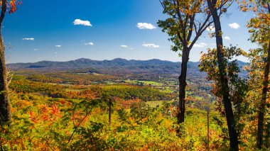 Aşağıdaki dağ sırtından düşen yapraklar ve panoramik kırsal vadi manzarası
