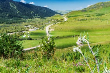 Mavi gökyüzünün altında yuvarlanan tepeleri ve kırsal yolu olan manzaralı bir dağ.
