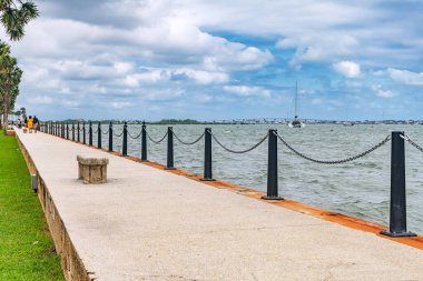 Şehir ortamında palmiye ağaçları ve yaya geçidi olan sahil kıyısı geçidi.