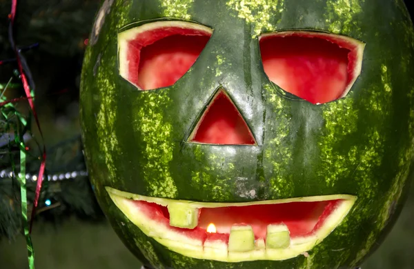 Halloweens vannmelon under juletreet – stockfoto