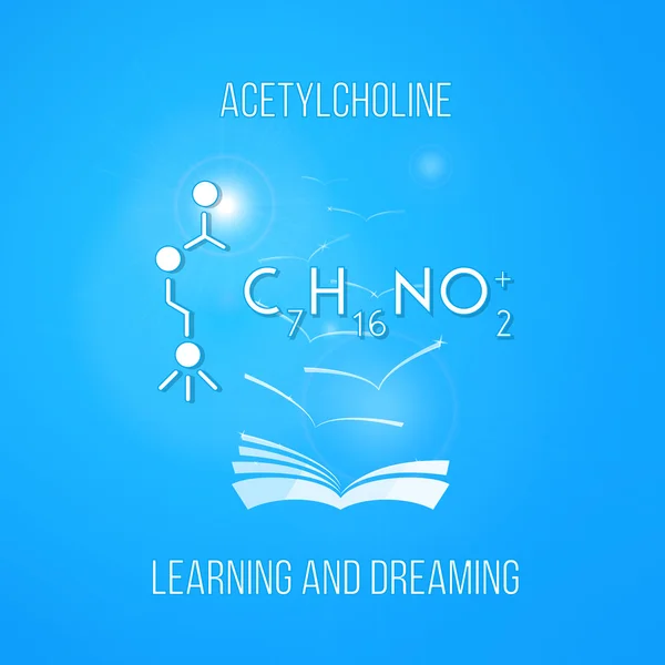 Concept d'apprentissage et de rêve. Acétylcholine. Apprendre la chimie et le rêve. Affiche pédagogique avec livre — Image vectorielle