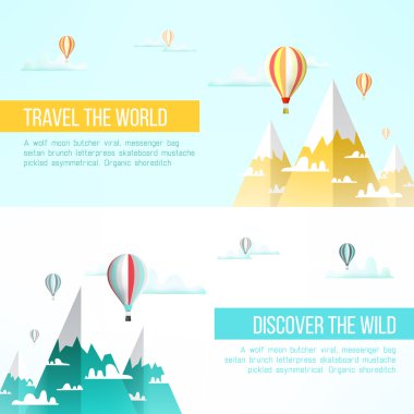 Dağlar arka plan için seyahat. Macera el ilanı tasarımı. Tırmanma kavramı bağlayın. Balonlar, kar pik ve bulutlar dağ manzarası