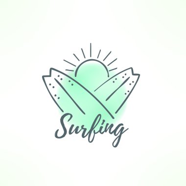 Sörf logo elinde çizilmiş tasarım yaptı. İnternet simge ince düzensiz satırları ile. Sörfçü panoları geçti ve güneş