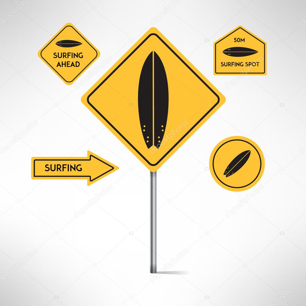 Surfing board road signs set. Vector illustration