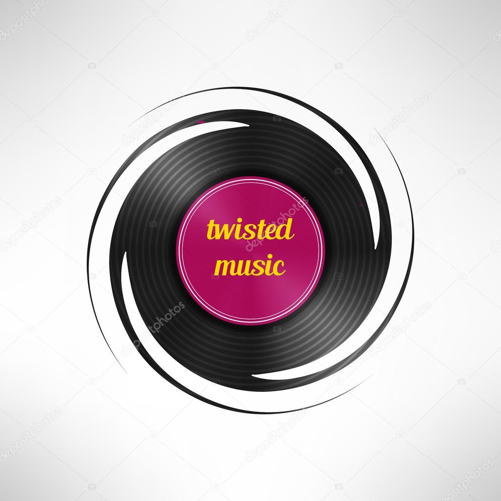 Twisted vinyl disc record. Dance party flyer element. Vector illustration