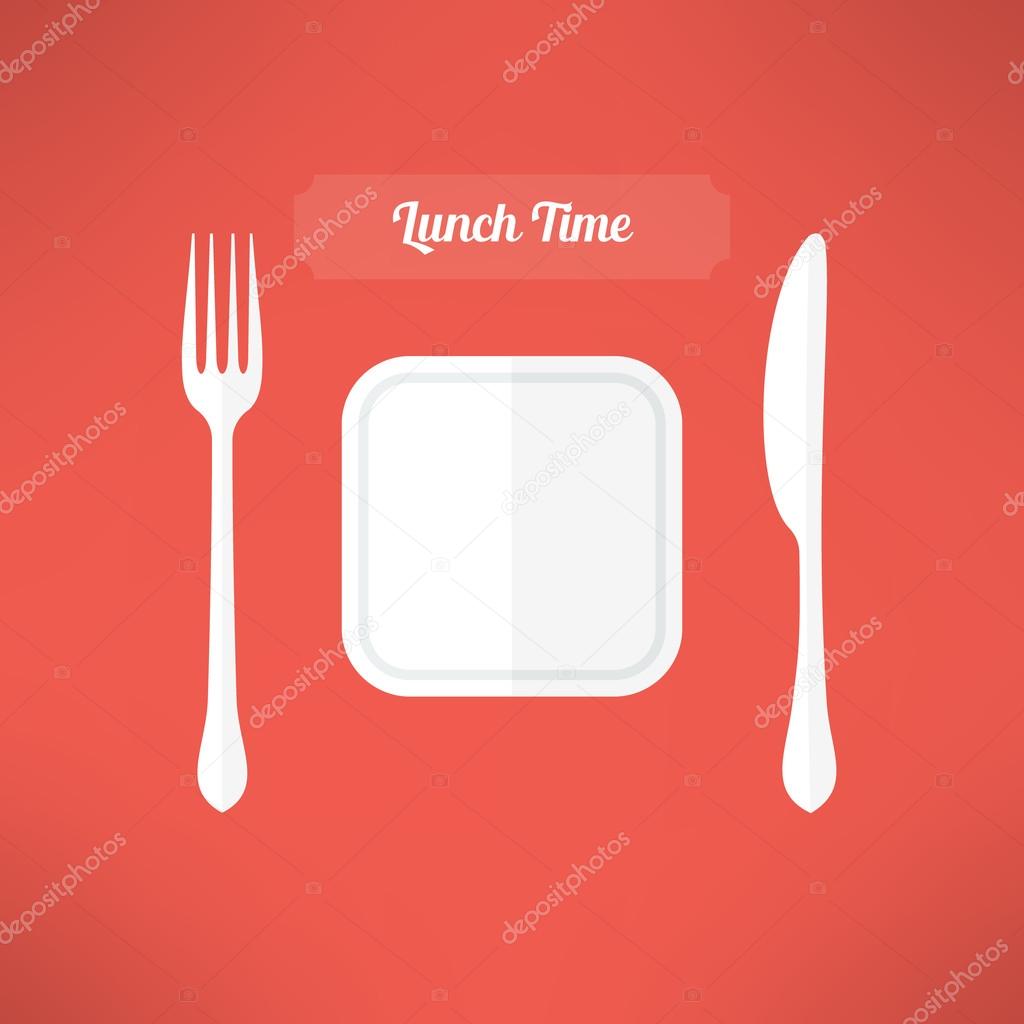 Plate, fork and knife made in moder flat design. Lunch time concept. Vector illustration