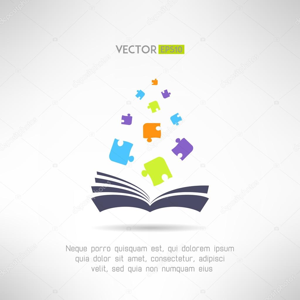 Book icon with puzzle pieces flying from it. Riddle and smart games library section sign. Vector illustration