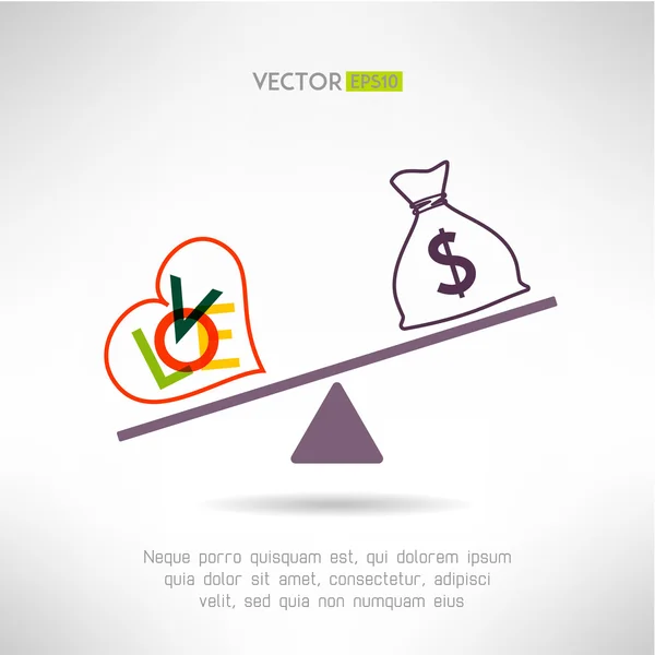 Liefde beart teken en geld tas op schalen. Kiezen levensstijl concept. Vectorillustratie — Stockvector