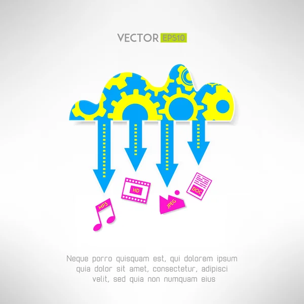 Icono de servicio en la nube con multimedia. Tecnología de red y concepto de almacenamiento remoto de medios. Ilustración vectorial — Vector de stock