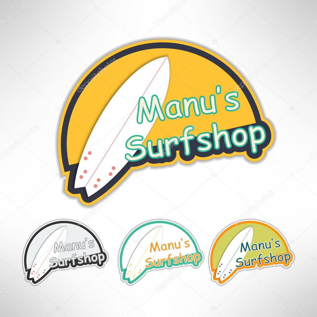 Surfboard label logo or surging shop board. T-shirt print. Surfing banner. Vector illustration