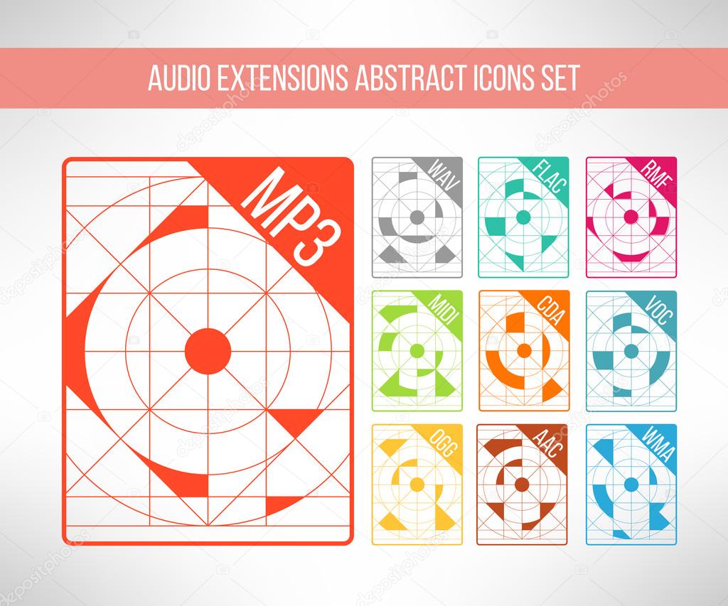 Audio format icons set im modern abstract geometrical clean design. Music signs. Vector illustration.