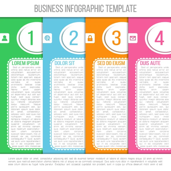 Modello infografico luminoso adatto per presentazioni e report aziendali. Processo in quattro fasi. Illustrazione vettoriale — Vettoriale Stock