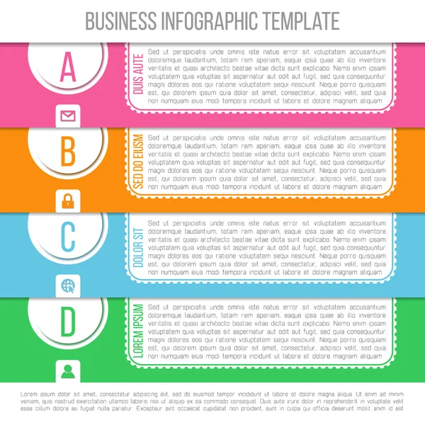 Modèle infographique lumineux adapté aux présentations et aux rapports d'entreprise. Processus en quatre étapes. Illustration vectorielle — Image vectorielle