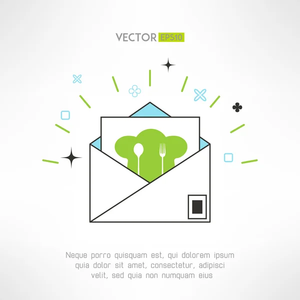 Serin geometrik tasarım akşam yemeği ya da öğle yemeğine davet mektubu. Pişirme sınıf davet zarf. Vektör çizim.