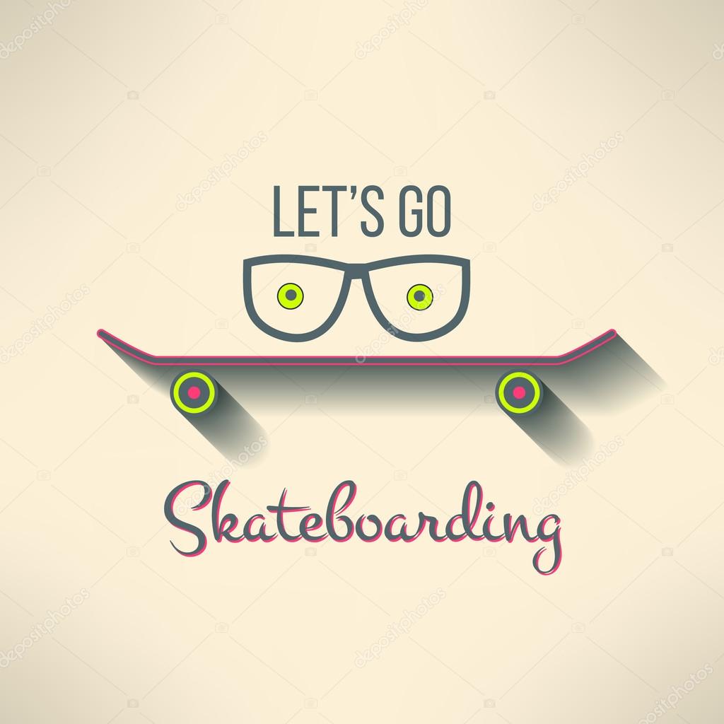 Vector skateboard background with hipster glasses and cool slogan in modern flat design. Skate board emblem with long shadow