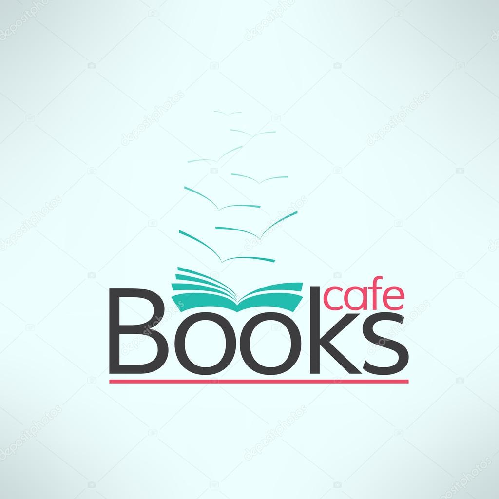 Vector books cafe logo in modern flat design. Book shop banner. Cool reading background