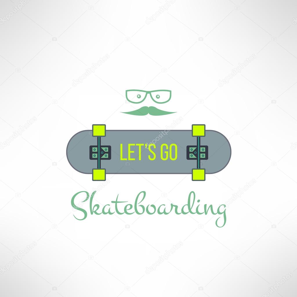 Vector skateboard background with hipster glasses and moustache in modern flat design. Skate board emblem with cool slogan