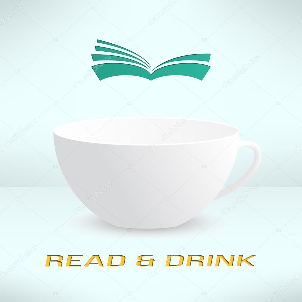 Vector cup with book in realistic design. Boooks cafe logo. Cool reading background