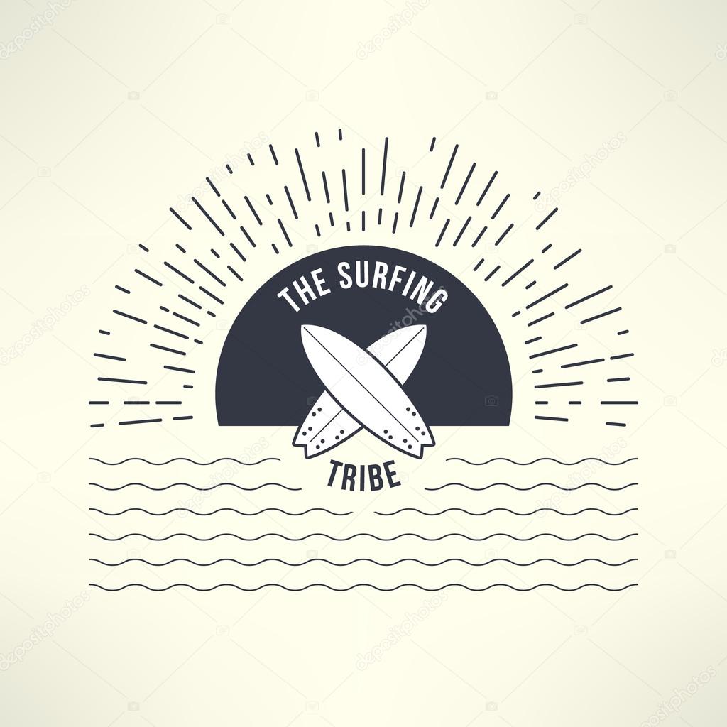 Vector surfing background with sun and waves. T-shirt surfboard graphic design. Inspirational sports background