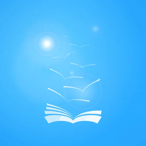 Vektorové kniha v modré obloze s racky a slunce. Vzdělanosti a koncepce — Stockový vektor