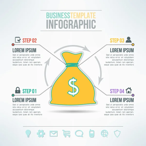 Vector money bag infographic template with icons set suitable for business presentations, reports, statistic layout — Stock Vector