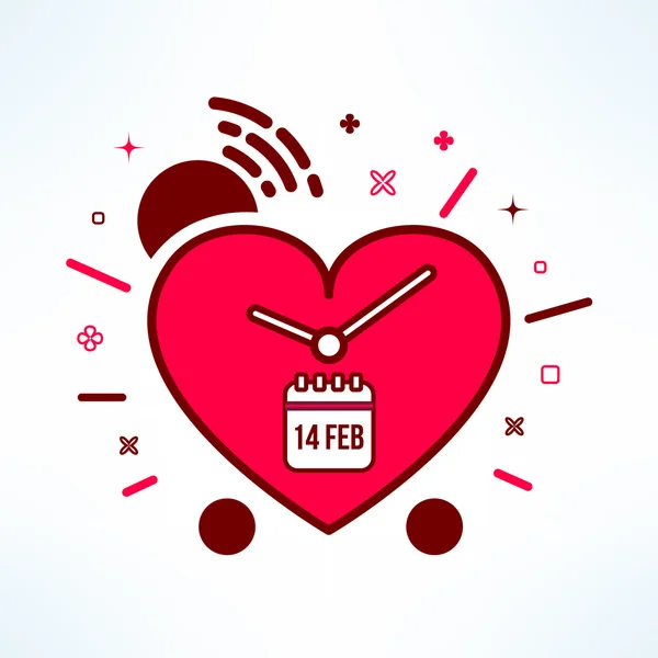 Vector valentines alarm clock reminder in modern flat design. Colorful timer icon made of heart in cartoon style — Stock Vector