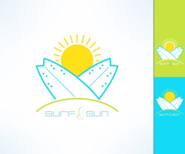 Modern temiz ve parlak tasarımında yapılan şirket etiketleri logosu sörf vektör kümesi. İki sörf tahtaları ve güneş tshirt baskı. Sörf tasarım amblemi