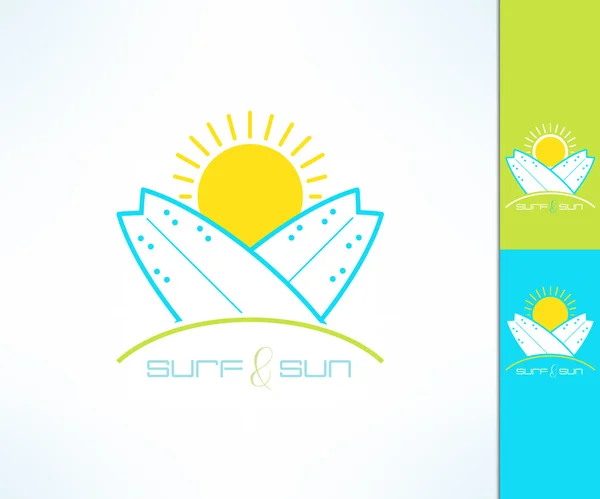 Conjunto de etiquetas de la compañía de surf vectorial logotipo hecho en diseño moderno limpio y brillante. Dos tablas de surf y estampado de camiseta solar. emblema de diseño de surf Vectores De Stock Sin Royalties Gratis