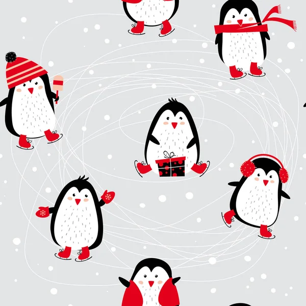 Lindos pingüinos. Patinaje. Patrón sin costuras. Animales divertidos. Vector De Stock