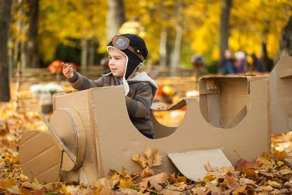 Karton bir uçaktaki sonbahar parkta genç çocuk