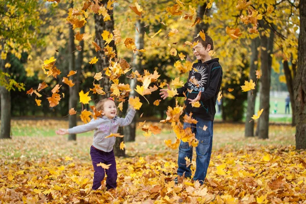 Brat i siostra, rzucanie liści w parku jesień — Zdjęcie stockowe