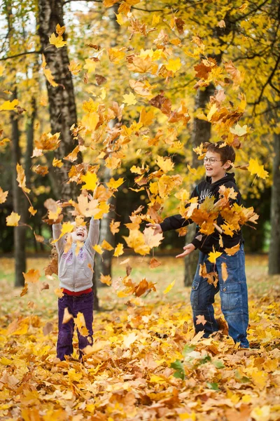 Hermano y hermana lanzando hojas en el parque de otoño —  Fotos de Stock