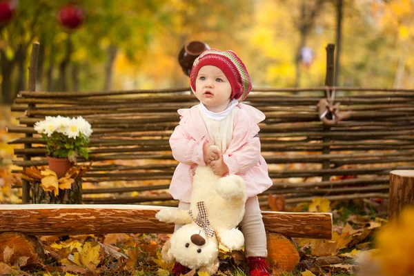 Sonbahar Park yakınındaki bir çit tahta bankta oturan genç kız — Stok fotoğraf