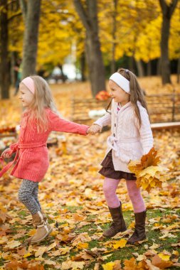 iki kız sonbahar Parkta yürümek