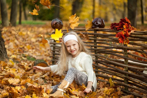 Ahşap bir çit sonbahar Parkı genç kız — Stok fotoğraf