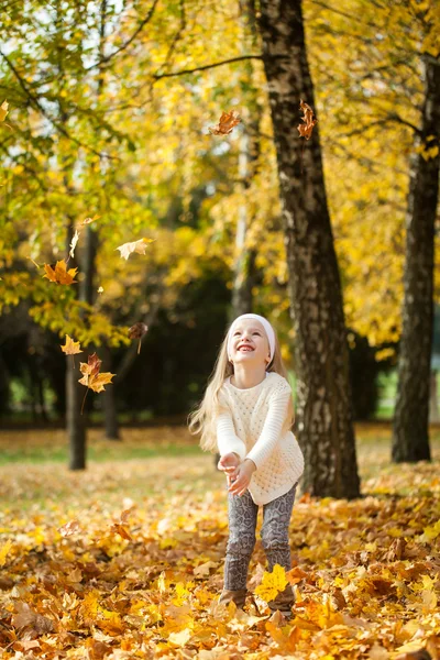 Chica joven lanzando hojas en el parque de otoño —  Fotos de Stock