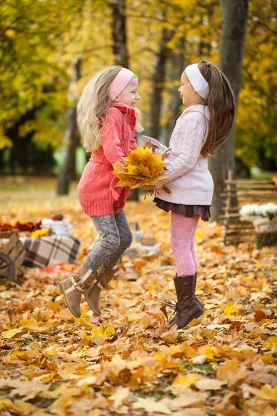 İki kız sonbahar parkta atlama — Stok fotoğraf