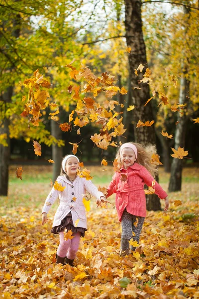 Dos chicas lanzando hojas en el parque de otoño —  Fotos de Stock