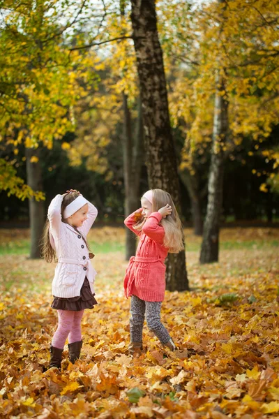 Dos chicas lanzando hojas en el parque de otoño —  Fotos de Stock