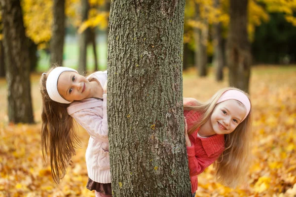 İki kız sonbahar parkta oynarken — Stok fotoğraf
