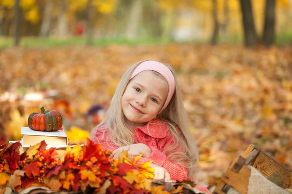 Kitap, buket ve küçük kabak ile sonbahar parkta genç kız — Stok fotoğraf