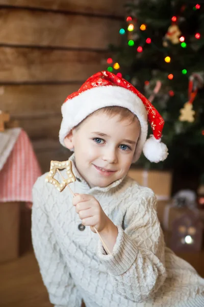 Garçon dans un chapeau de Noël devant l'arbre décoré — Photo