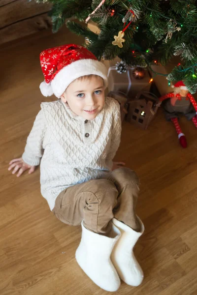 Menino em um chapéu de Natal na frente da árvore decorada — Fotografia de Stock