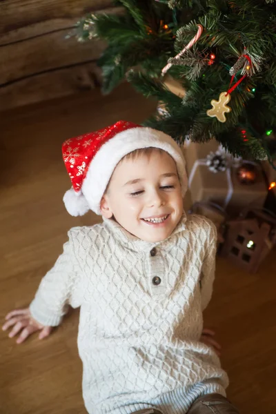 Menino em um chapéu de Natal na frente da árvore decorada — Fotografia de Stock