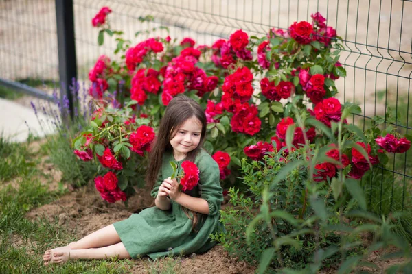 Çiçek Açan Gül Bahçesinde Yeşil Elbiseli Şirin Bir Kız Tatlı — Stok fotoğraf