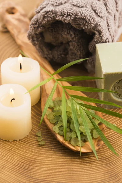 Sea salt , soap and candles for spa — Stock Photo, Image