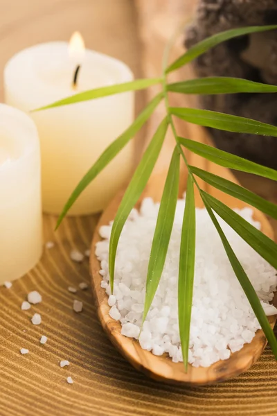 Sea salt , soap and candles for spa — Stock Photo, Image