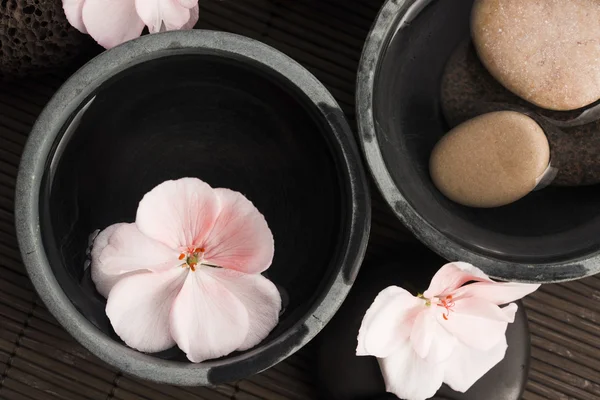 Spa still life, with pink flowers, stones and water — Stock Photo, Image