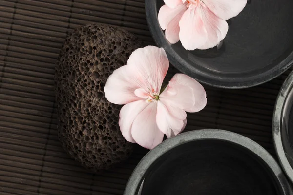 Спа натюрморт, з рожевими квітами, камінням і водою — стокове фото